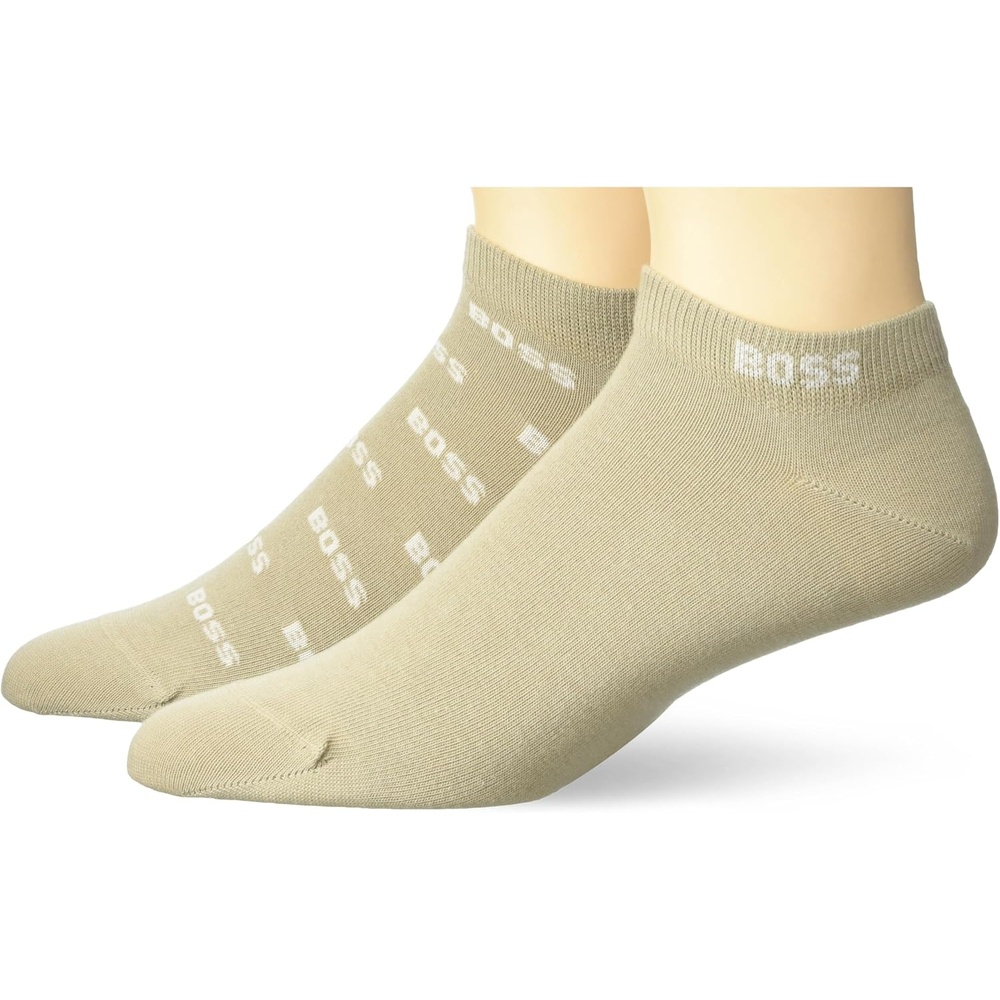 image:imageBOSS Mens 2 Pack Allover Logo Combed Cotton Ankle SocksAluminum Taupe