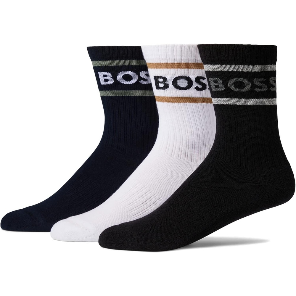 image:imageBOSS Mens 3Pack Bold Logo Solid Cotton SocksBlack Soot  Light Dove Grey  Frost White  Tawny  Midnight Blue  Soft Moss Green