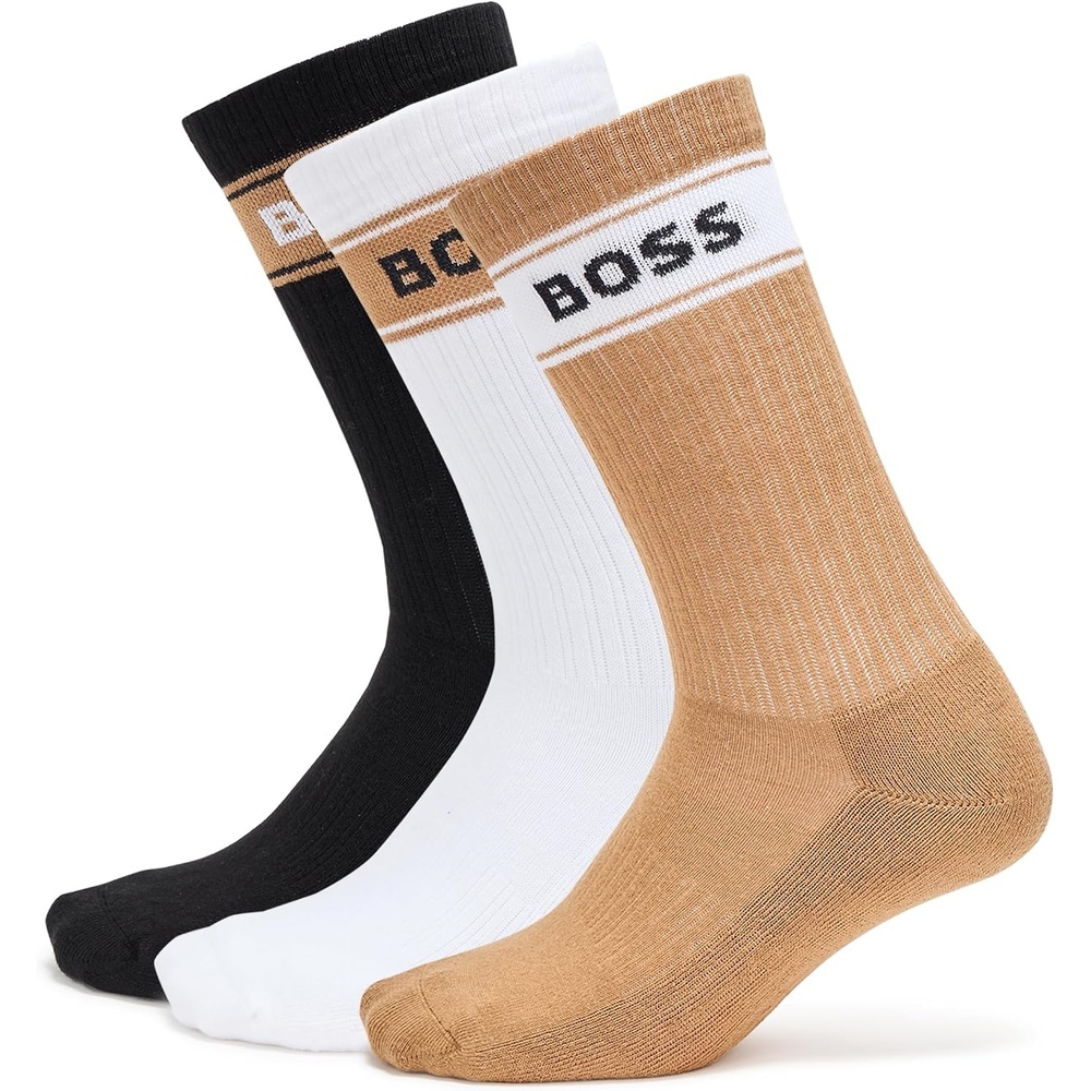 image:imageBOSS Mens 3Pack Bold Logo Solid Cotton SocksBlackIconic CamelWhite Marshmallow