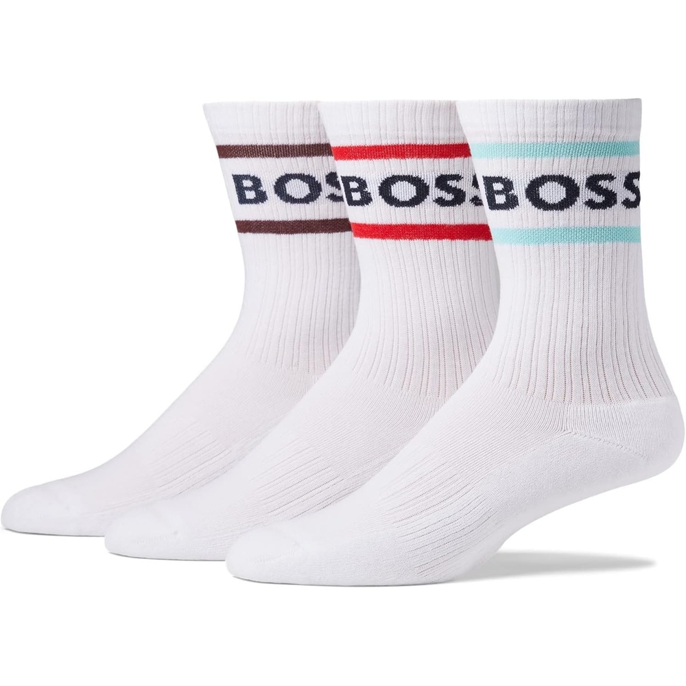 image:imageBOSS Mens 3Pack Bold Logo Solid Cotton SocksSaltCherry Stripe SaltSoft Sky Blue Stripe SaltCinnamon Stripe
