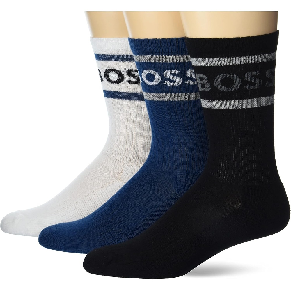 image:imageBOSS Mens 3Pack Bold Logo Solid Cotton SocksStark NavyCloud WhiteSonoran Sky
