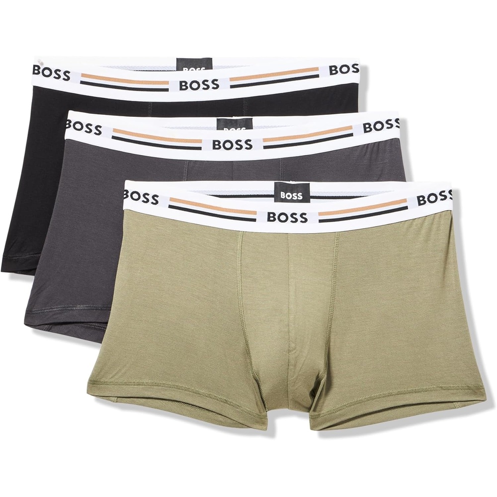 image:imageBOSS Mens 3pack Iconic Stripe Waistband TrunksBlackAsphaltKalamata Green