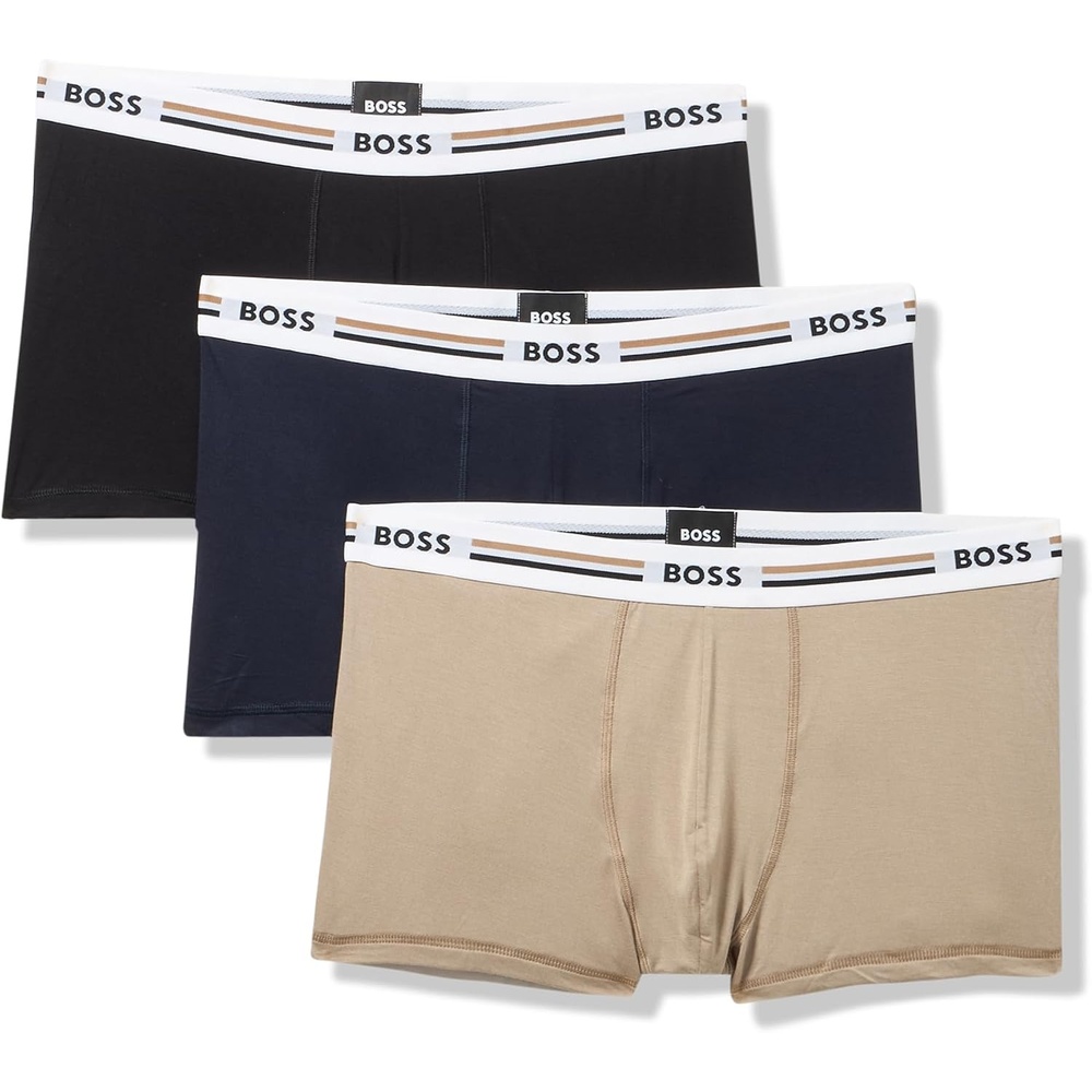 image:imageBOSS Mens 3pack Iconic Stripe Waistband TrunksBlackOat CreamDenim Blue