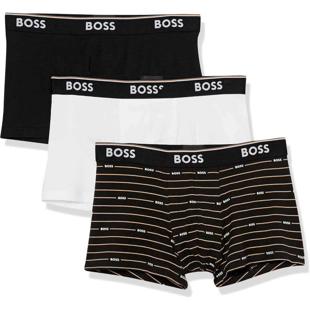 image:imageBOSS Mens 3pack Multi Design Bold Logo TrunksBlack Ink  Sepia Stripe  Bright Cloud  Black Ink