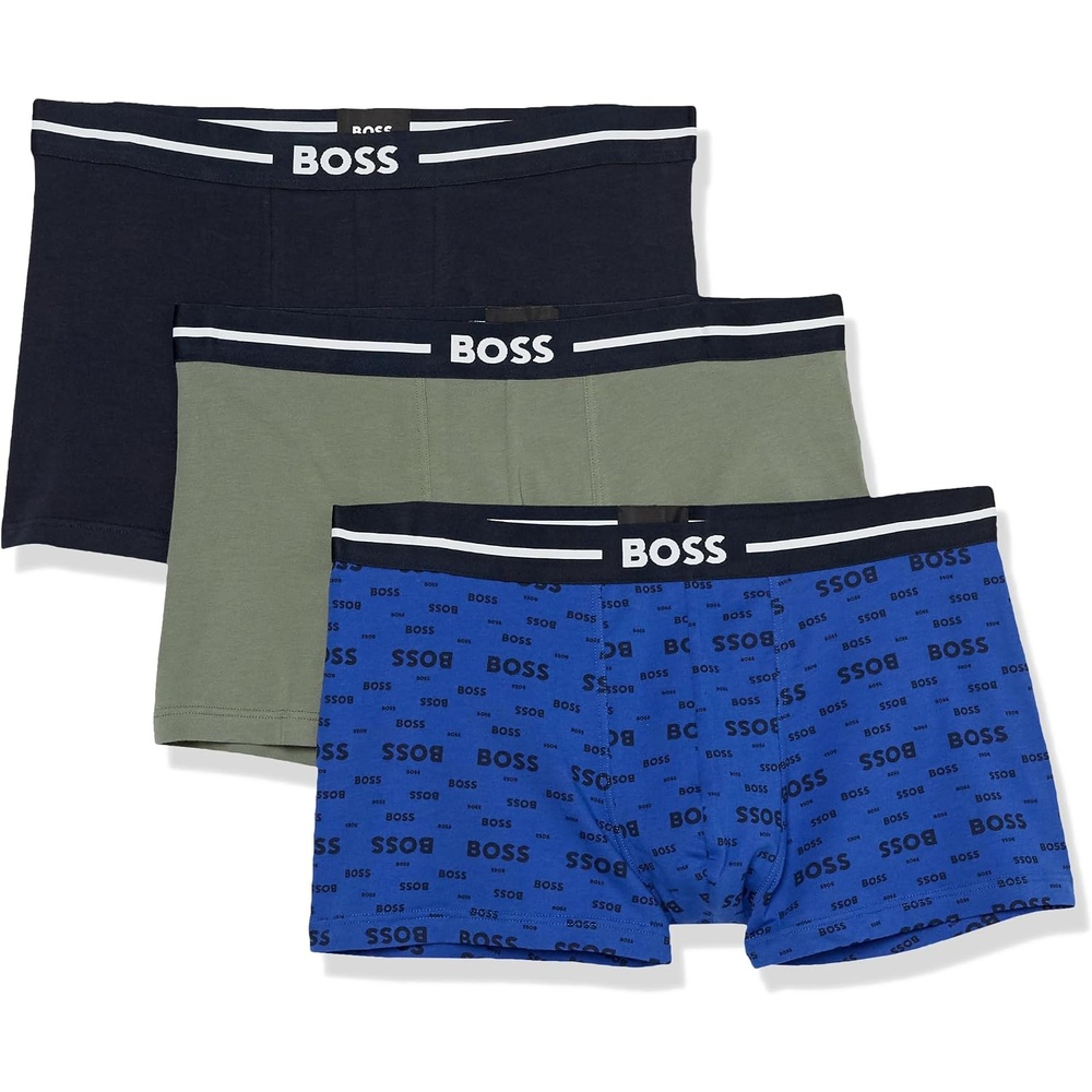 image:imageBOSS Mens 3pack Multi Design Bold Logo TrunksBlue Aegean  Solid Dark Blue  Pepper Stem Green