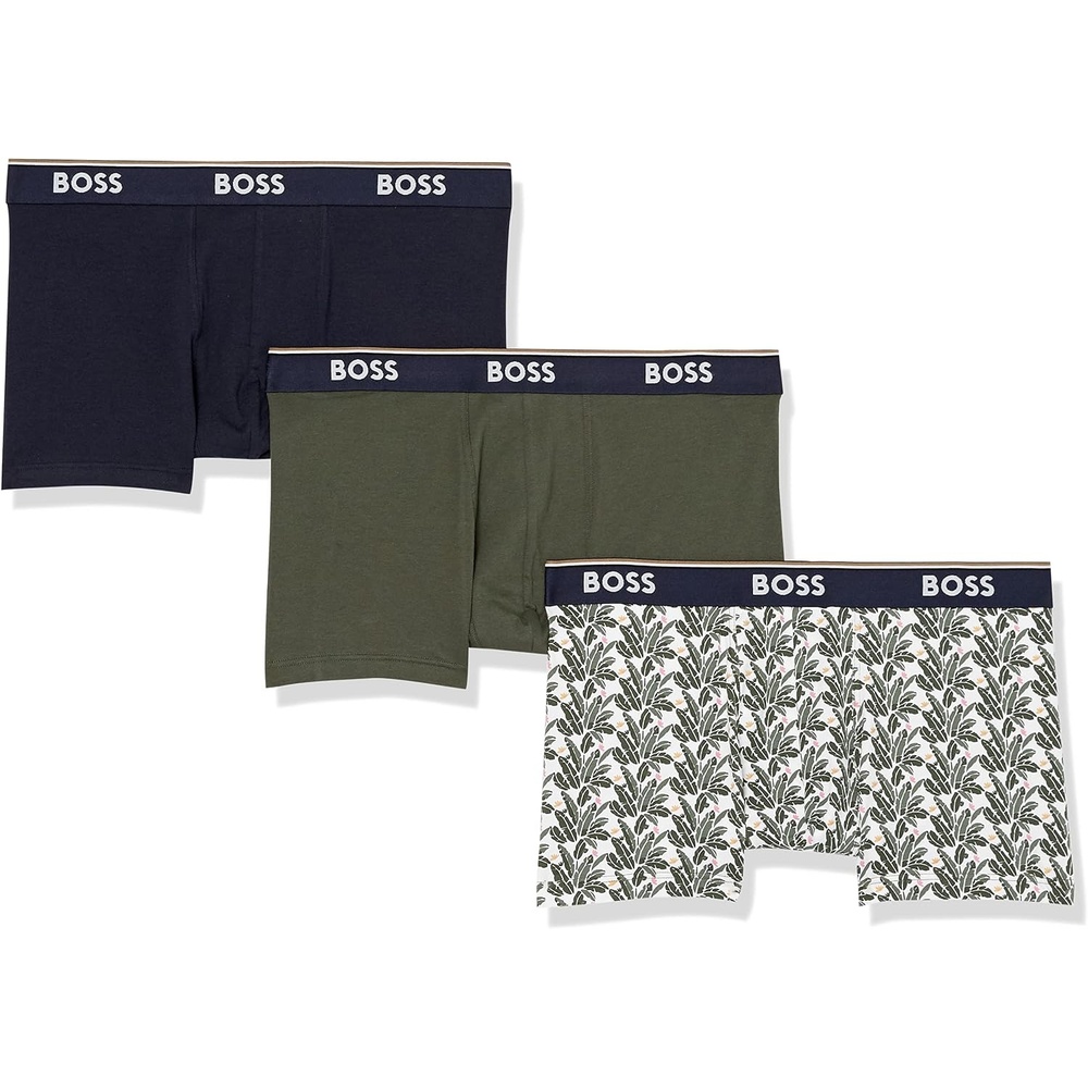 image:imageBOSS Mens 3pack Multi Design Bold Logo TrunksBright Alabaster  Green Palm Leaf Pattern  Dark Iron  Palm Green