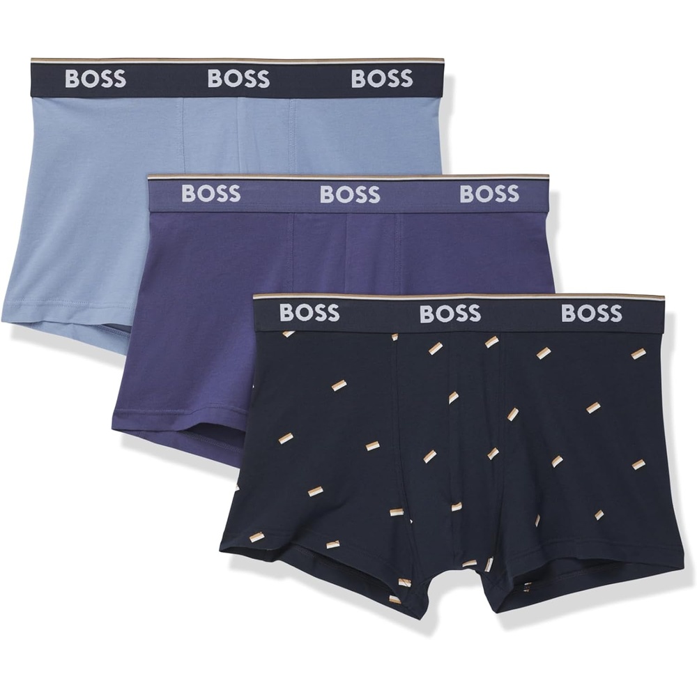 image:imageBOSS Mens 3pack Multi Design Bold Logo TrunksDark Flag Blue  Blue Corn  Light Blue Berry