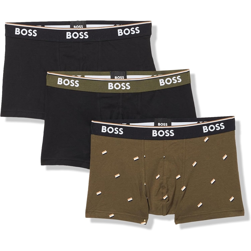 image:imageBOSS Mens 3pack Multi Design Bold Logo TrunksOlive Green FlagsBlackBlack