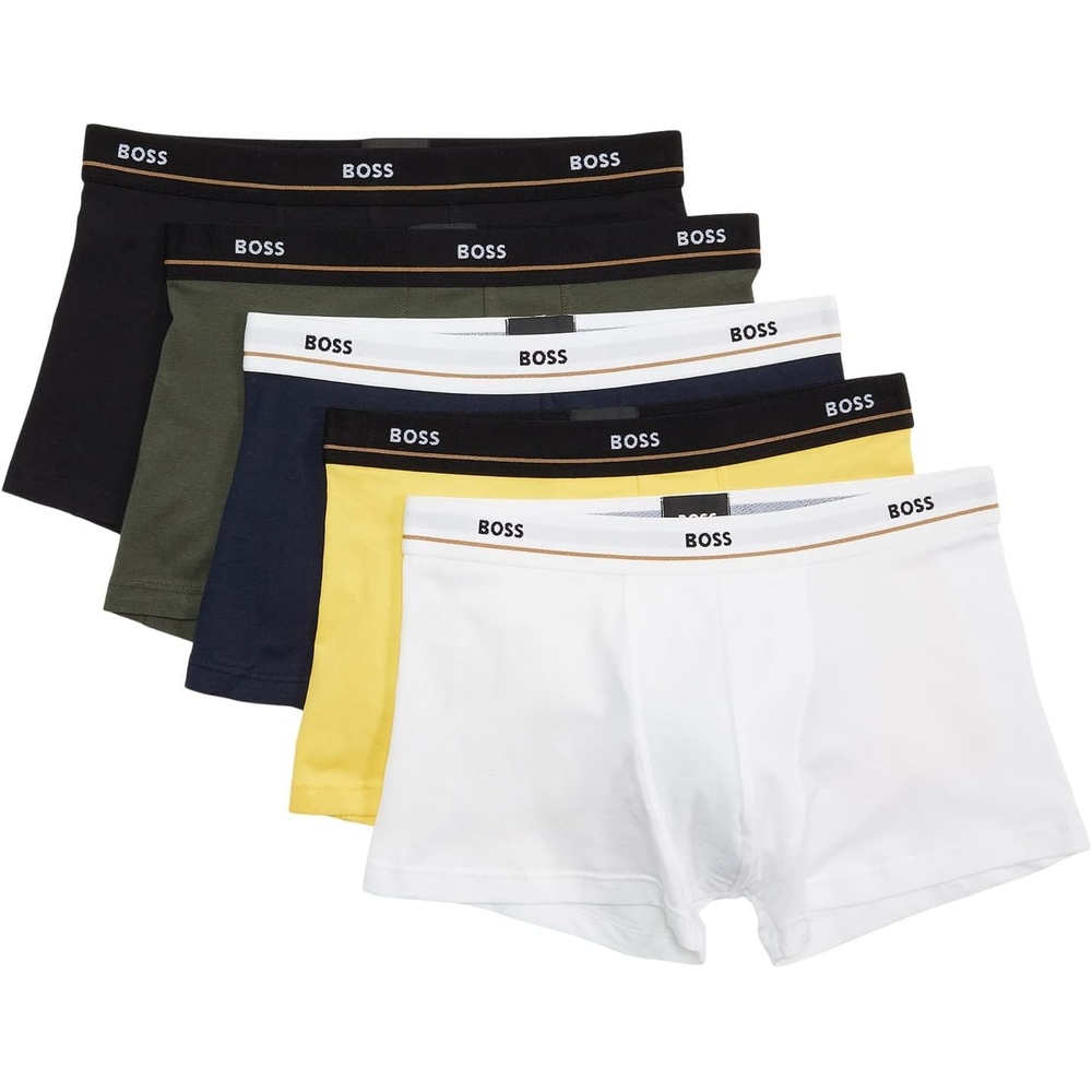 image:imageBOSS Mens 5pack Bold Logo TrunksSolid Black  Pineapple  Medium Cobalt  Palm Green  Solid Black
