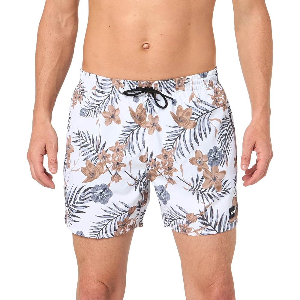 image:imageBOSS Mens Reev Tropical Print Swim Trunks 475Salt White