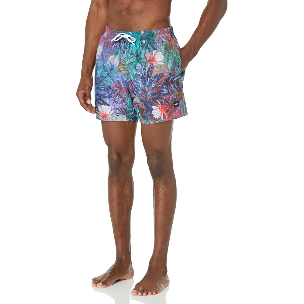 image:imageBOSS Mens Reev Tropical Print Swim Trunks 475Tropical Deep Sea Blue Multi