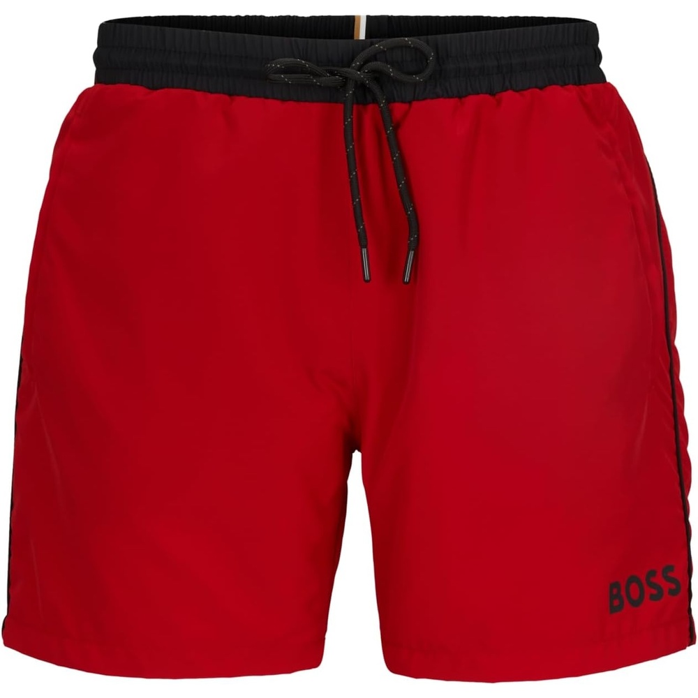 image:imageBOSS Mens Standard Medium Length Solid Swim TrunkDeep Red