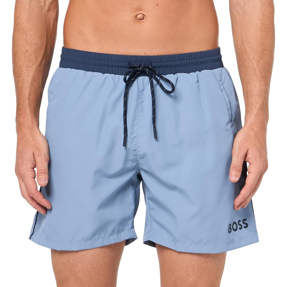 image:imageBOSS Mens Standard Medium Length Solid Swim TrunkLight Blue Berry