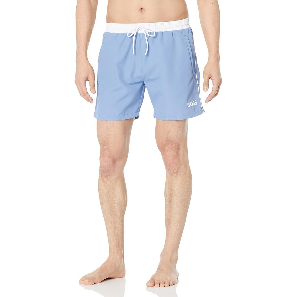 image:imageBOSS Mens Standard Medium Length Solid Swim TrunkMarina Blue