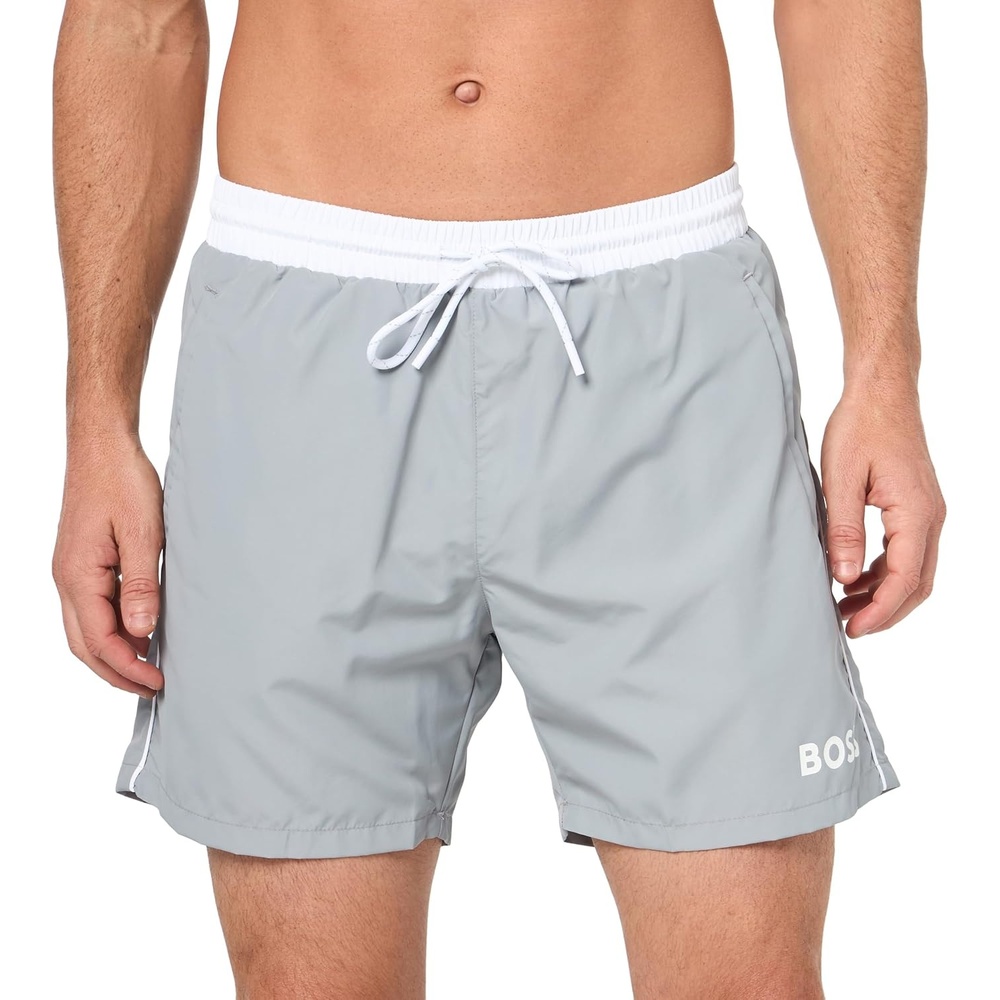 image:imageBOSS Mens Standard Medium Length Solid Swim TrunkMoonrock Grey