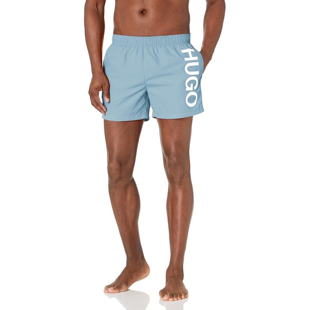 image:imageHugo Mens Vertical Logo Swim TrunksSoft Blue  Bright Alabaster