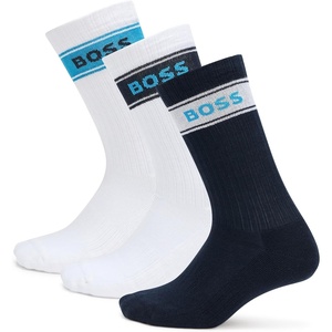 BOSS Mens 3-Pack Bold Logo Solid Cotton Socks(White/Navy)