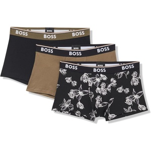 BOSS Men’s 3-pack Multi Design Bold Logo Trunks(Black Flowers/Khaki Green/Black)