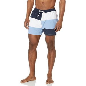 BOSS Men’s Court Color Block Swim Trunks(Night Sky Blue / Bright Alabaster / Soft Blue)