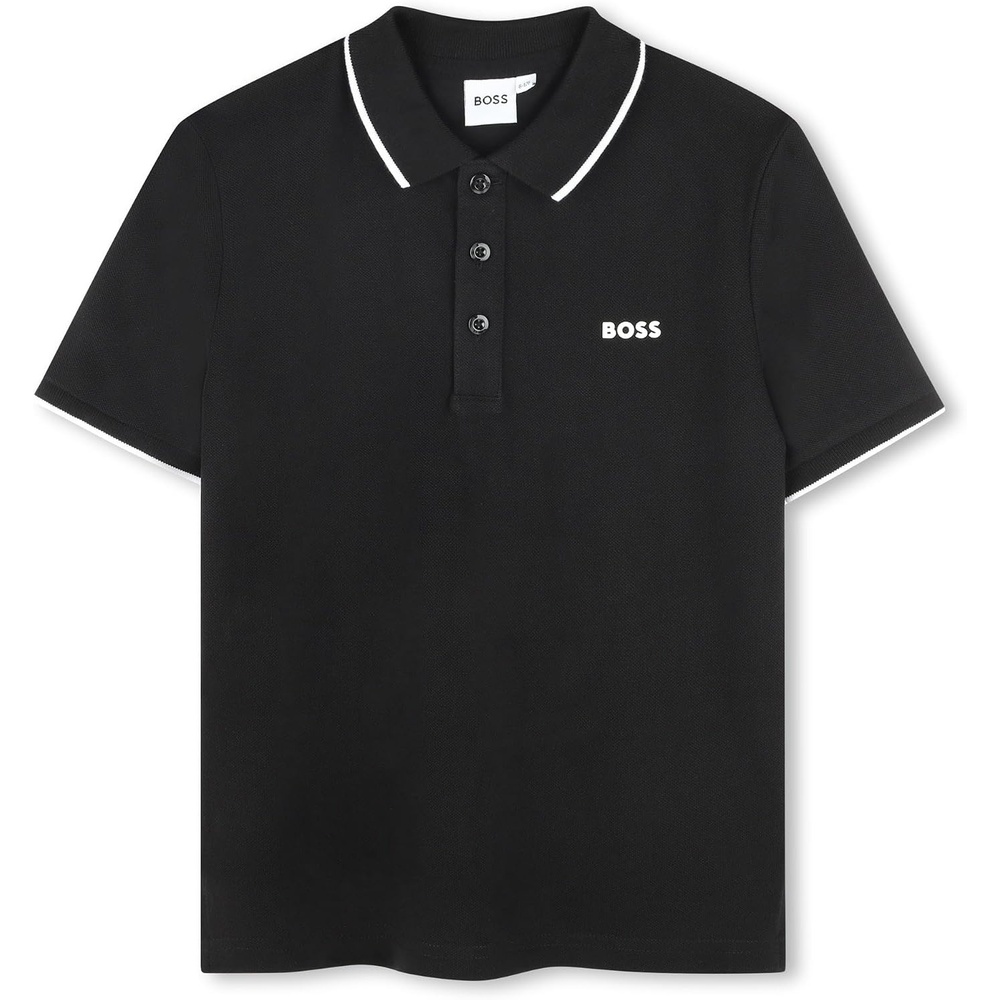 image:imageBOSS Boys Short Sleeve Knit Polo Shirt Soft and Breathable School Uniform with Striped CollarBlack