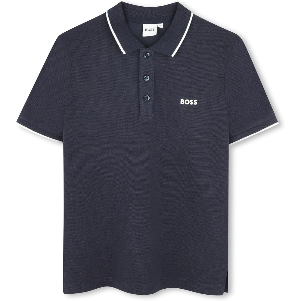 image:imageBOSS Boys Short Sleeve Knit Polo Shirt Soft and Breathable School Uniform with Striped CollarNavy