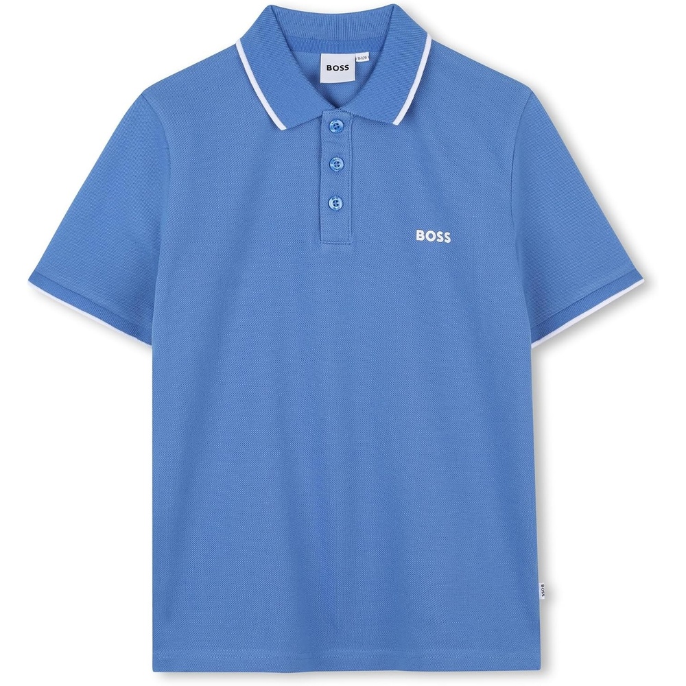 image:imageBOSS Boys Short Sleeve Knit Polo Shirt Soft and Breathable School Uniform with Striped CollarOcean Blue