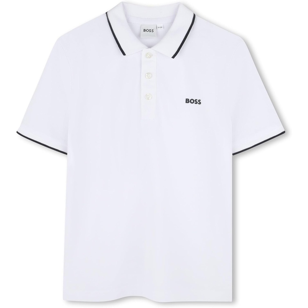 image:imageBOSS Boys Short Sleeve Knit Polo Shirt Soft and Breathable School Uniform with Striped CollarWhite 1