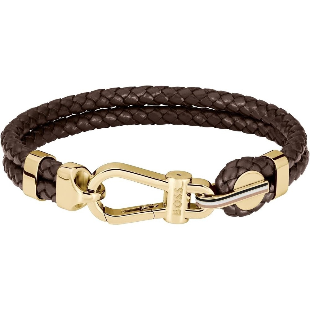 image:imageBOSS Jewelry Mens Ares Prime Braided Leather Bracelet with Carabiner ClosureBrown