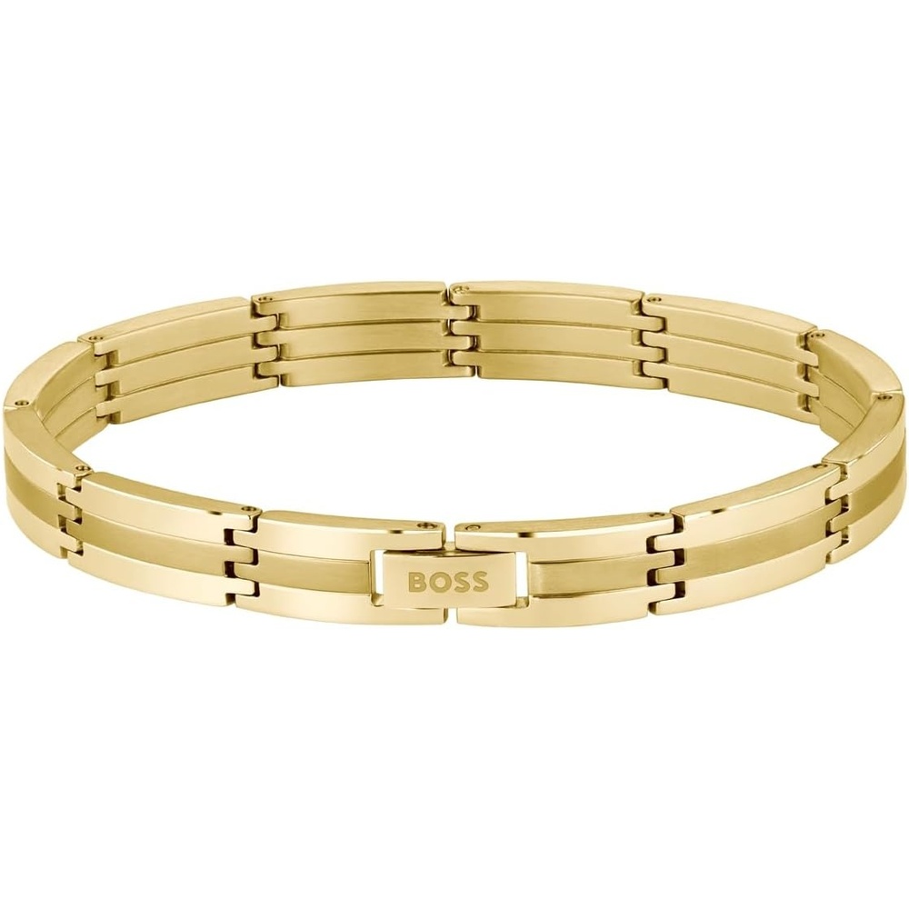 image:imageBOSS Jewelry Mens Brooks Stainless Steel Link Bracelet with ThreeStripe DesignLight Yellow Gold