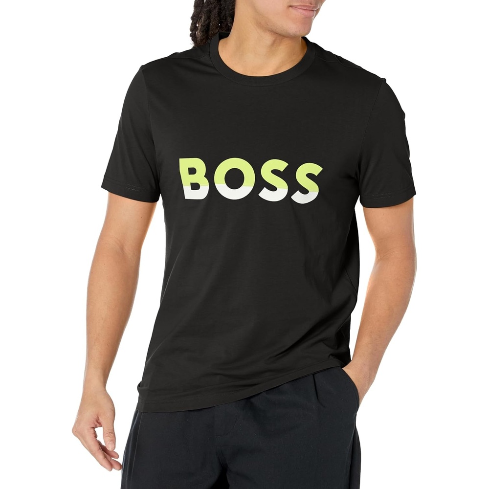 image:imageBOSS Mens Big Logo Jersey Cotton TShirtDeep Black  Tender Shoots Green