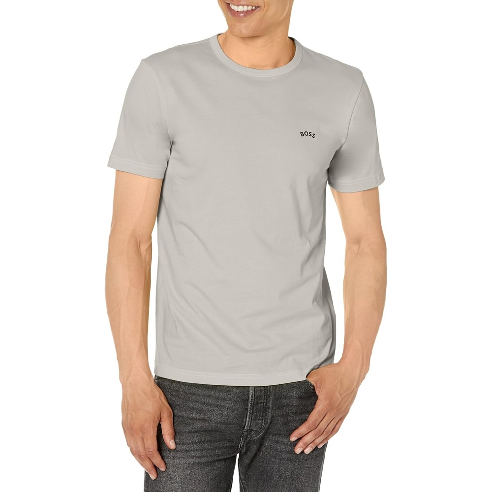 image:imageBOSS Mens Contrast Curve Logo ShortSleeve Cotton TShirtCement Grey  Deep Black