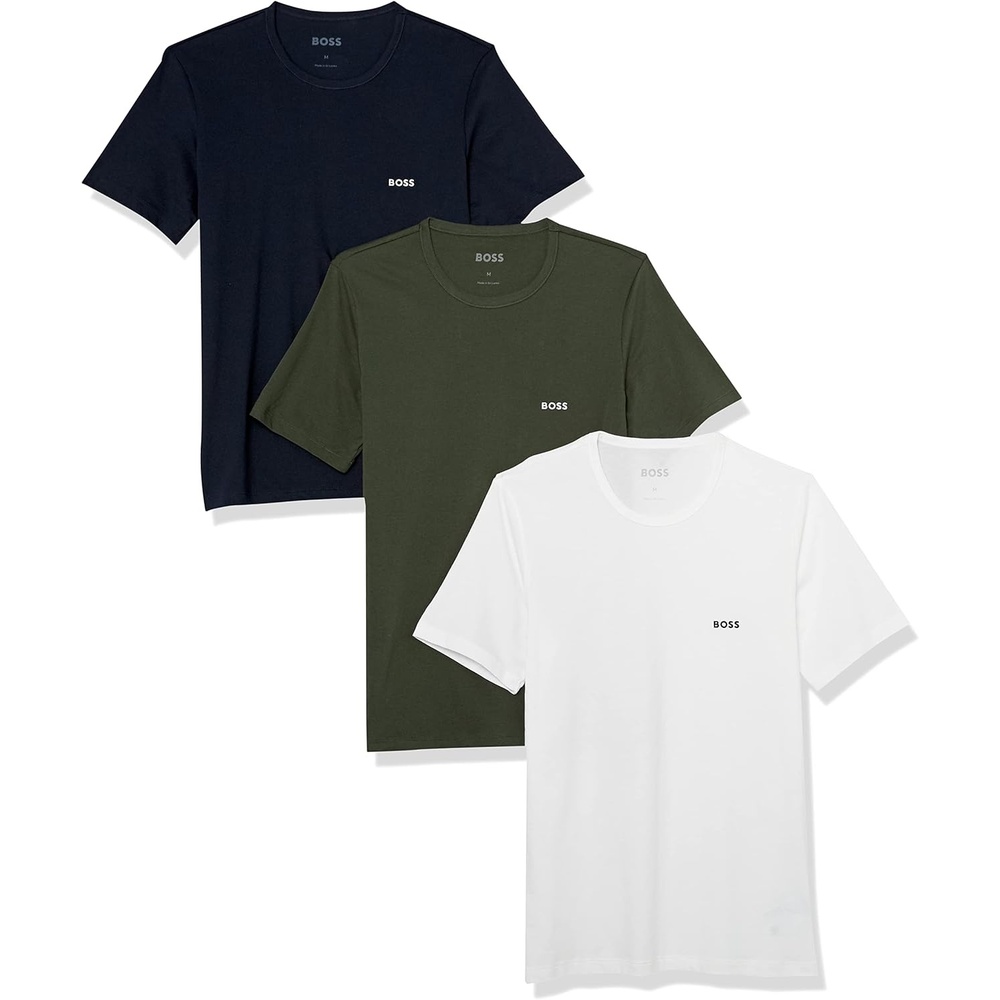 image:imageBOSS Mens Logo Embroidered Cotton Tee 3 PackMedium Indigo  Palm Green  Frost White