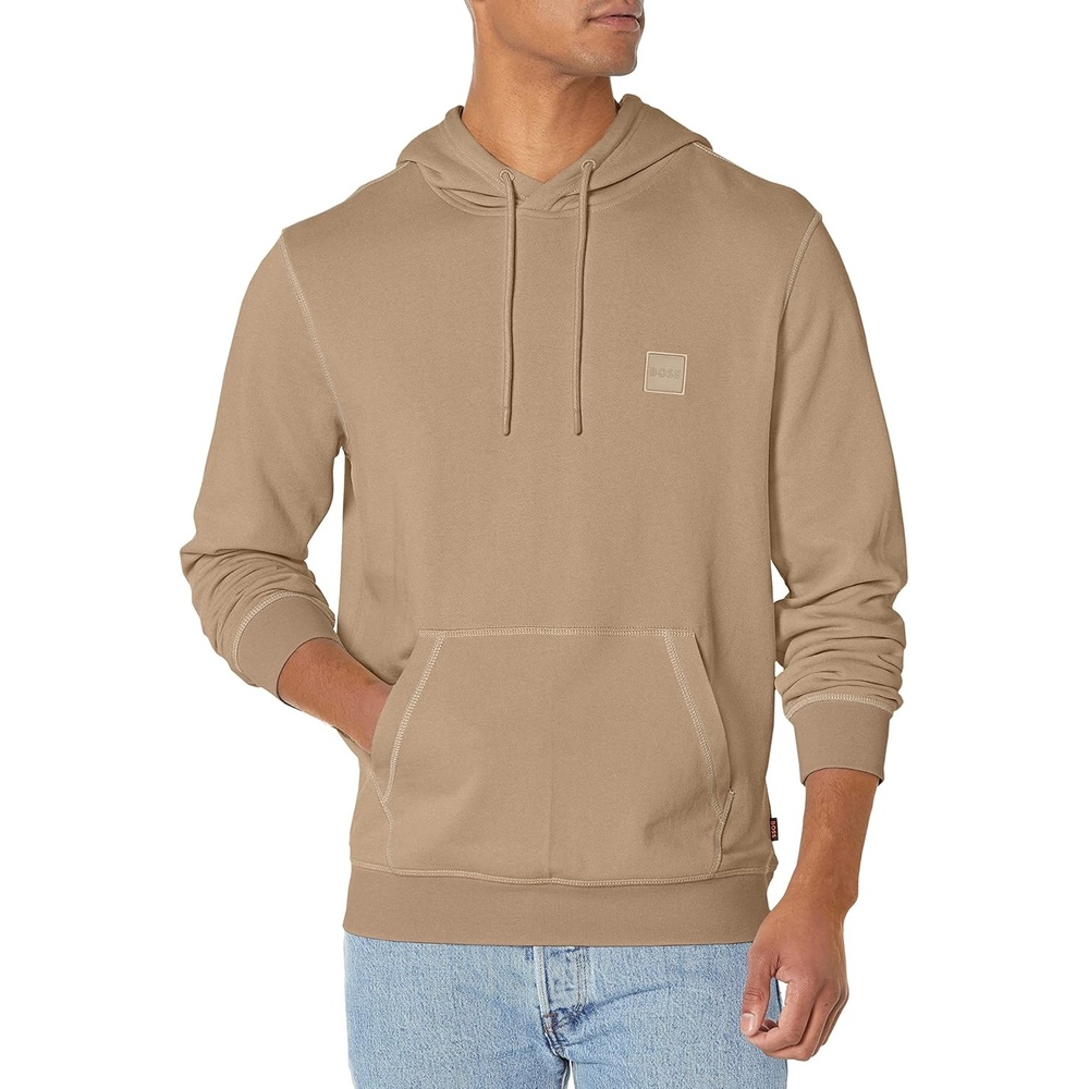 image:imageBOSS Mens Patch Logo French Terry Pullover Hooded Cotton SweatshirtCoriander Beige