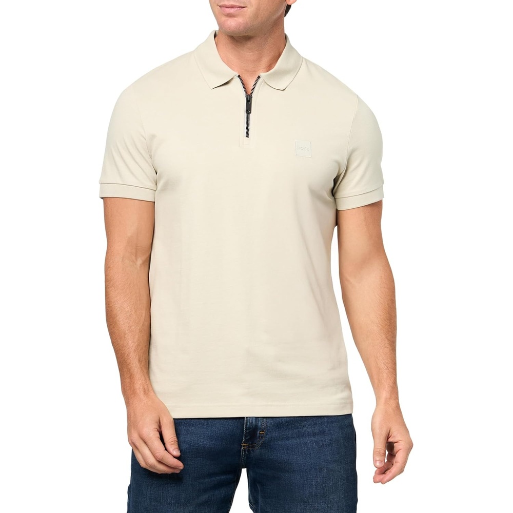 image:imageBOSS Mens Patch Logo Zip Up Polo ShirtPeyote Beige