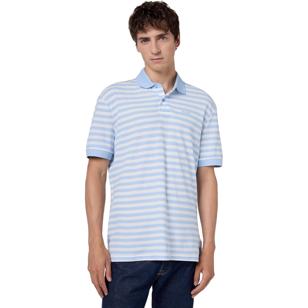 image:imageBOSS Mens Printed Cotton Short Sleeve Polo ShirtChambray Blue Stripe