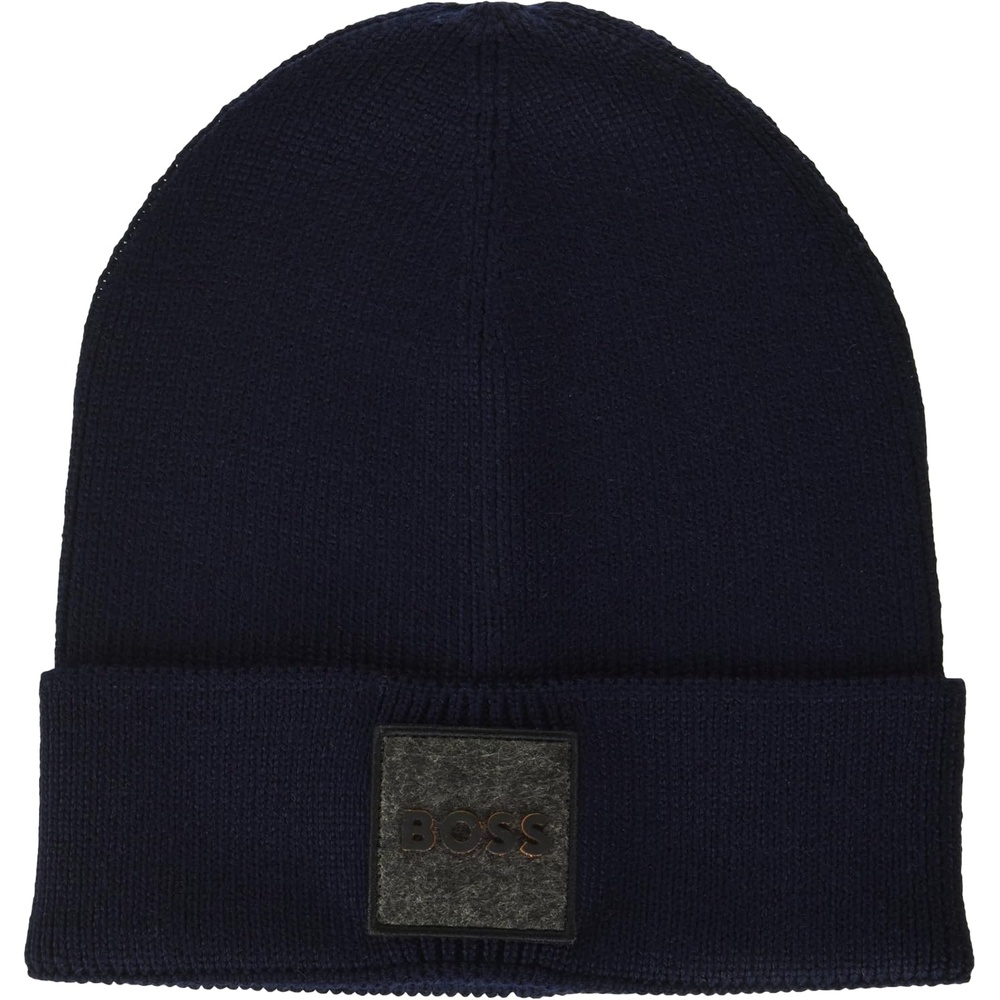 image:imageBOSS Mens Ribbed Beanie with Felt Woven Center LogoAsphalt Blue
