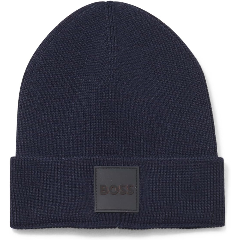 image:imageBOSS Mens Ribbed Beanie with Felt Woven Center LogoBlack Berry Blue
