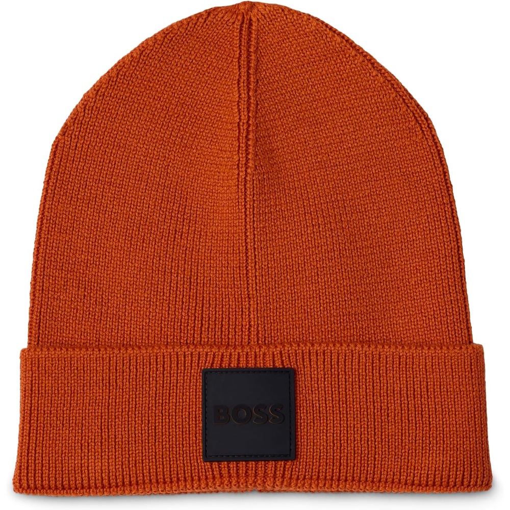 image:imageBOSS Mens Ribbed Beanie with Felt Woven Center LogoRoasted Carrot