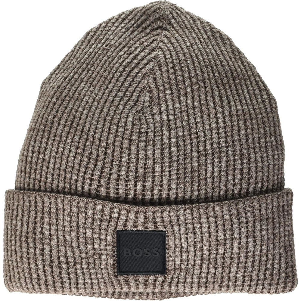 image:imageBOSS Mens Square Logo Cotton Ribbed BeanieHazelnut Brown