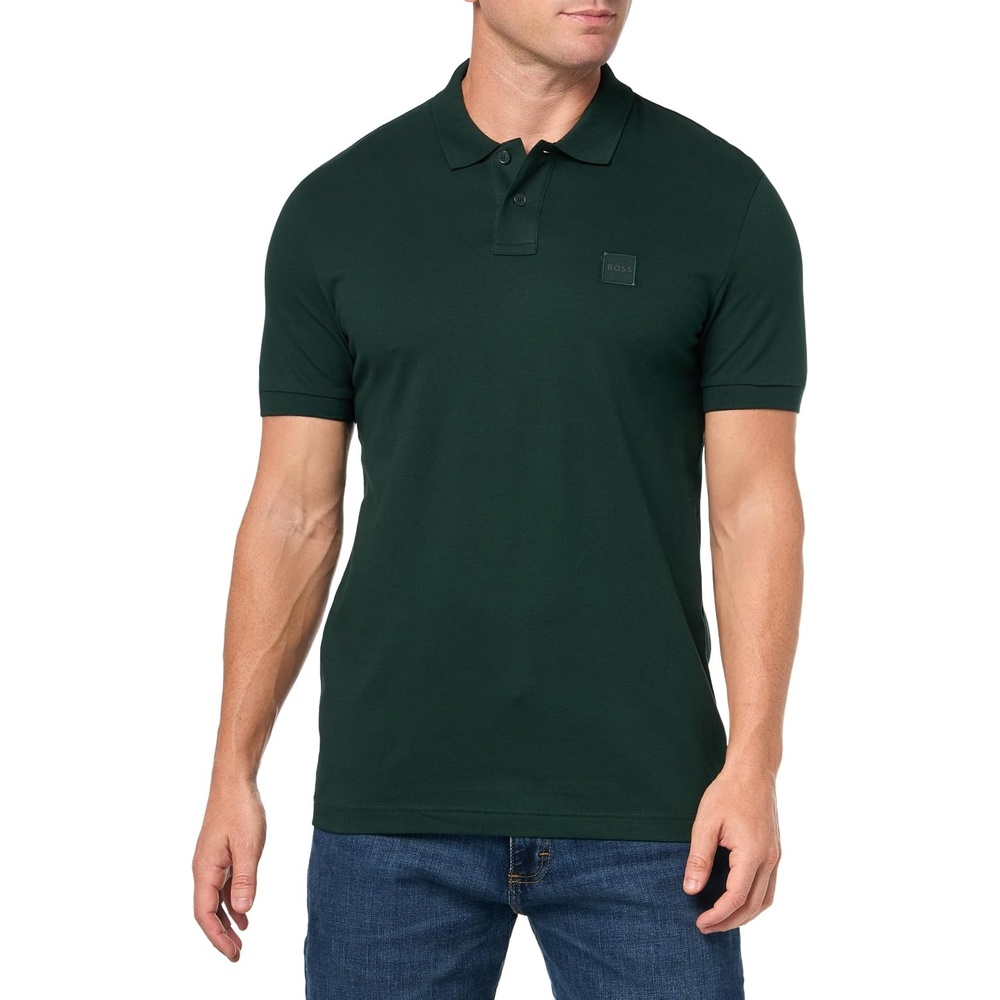 image:imageBOSS Mens Square Patch Logo Slim Fit Pique Polo ShirtDark Forest Green