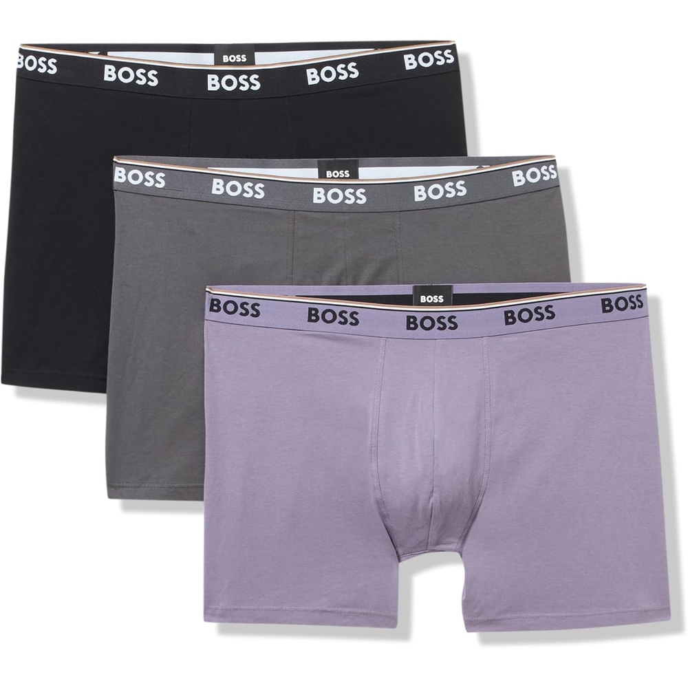 image:imageBOSS Mens Stretch Cotton Boxer Briefs 3 PackSlate GreyPurple SageBlack Thunder