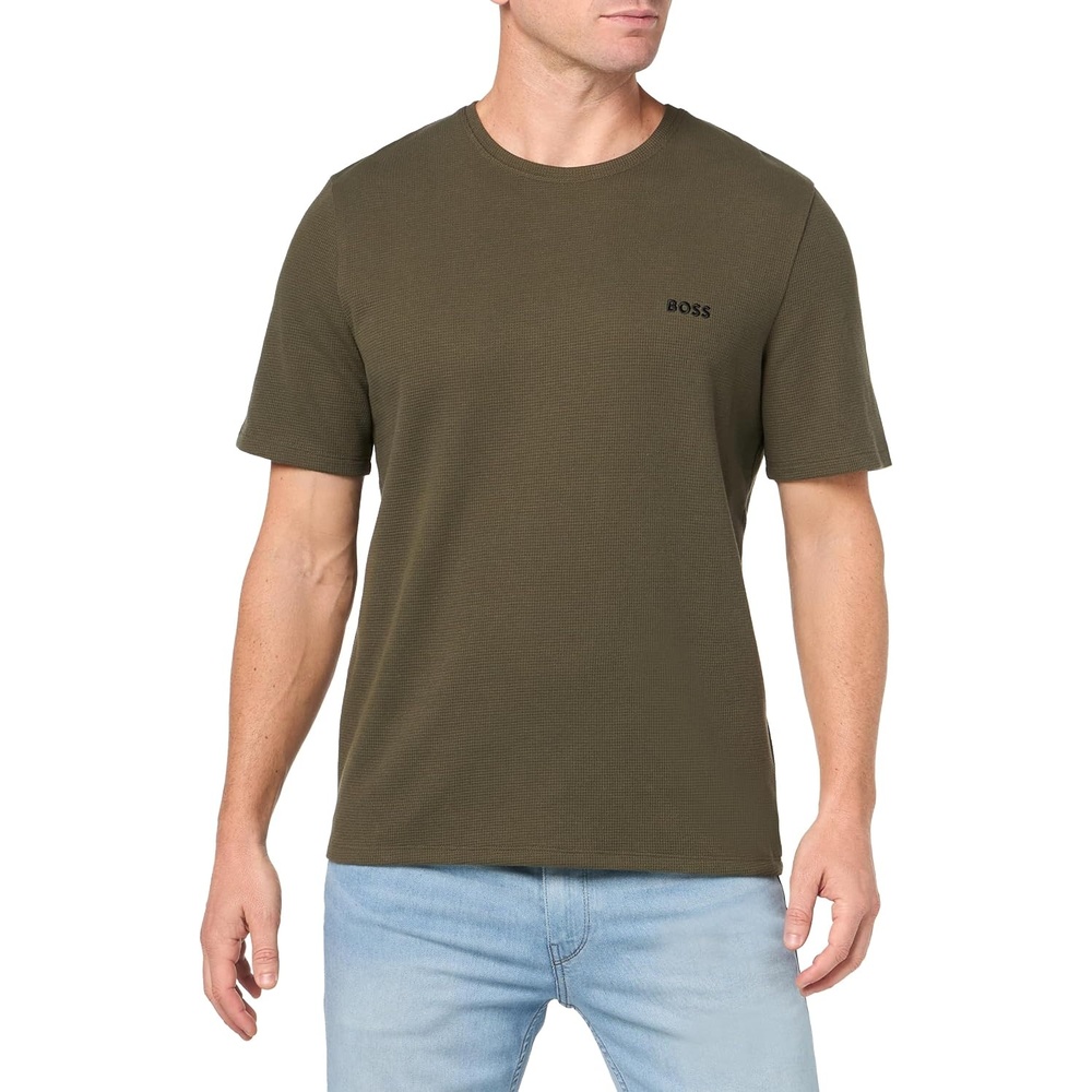 image:imageBOSS Mens Waffle Contrast Logo ShortSleeve TShirtDeep Olive Green