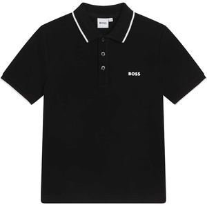 BOSS Boys Short Sleeve Knit Polo Shirt, Soft and Breathable, School Uniform with Striped Collar(Black 1)