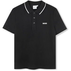 BOSS Boys Short Sleeve Knit Polo Shirt, Soft and Breathable, School Uniform with Striped Collar(Black)