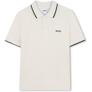 BOSS Boys Short Sleeve Knit Polo Shirt, Soft and Breathable, School Uniform with Striped Collar(Sand)