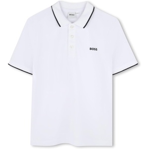 BOSS Boys Short Sleeve Knit Polo Shirt, Soft and Breathable, School Uniform with Striped Collar(White 1)