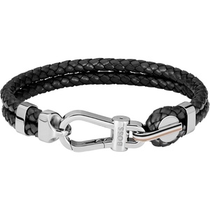 BOSS Jewelry Men’s Ares Prime Braided Leather Bracelet with Carabiner Closure(Black)
