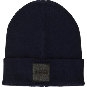 BOSS Men’s Ribbed Beanie with Felt Woven Center Logo(Asphalt Blue)