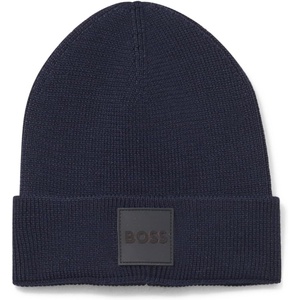 BOSS Men’s Ribbed Beanie with Felt Woven Center Logo(Black Berry Blue)