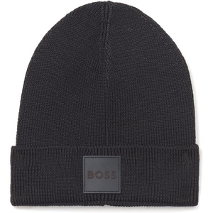 BOSS Men’s Ribbed Beanie with Felt Woven Center Logo(Black Currant)